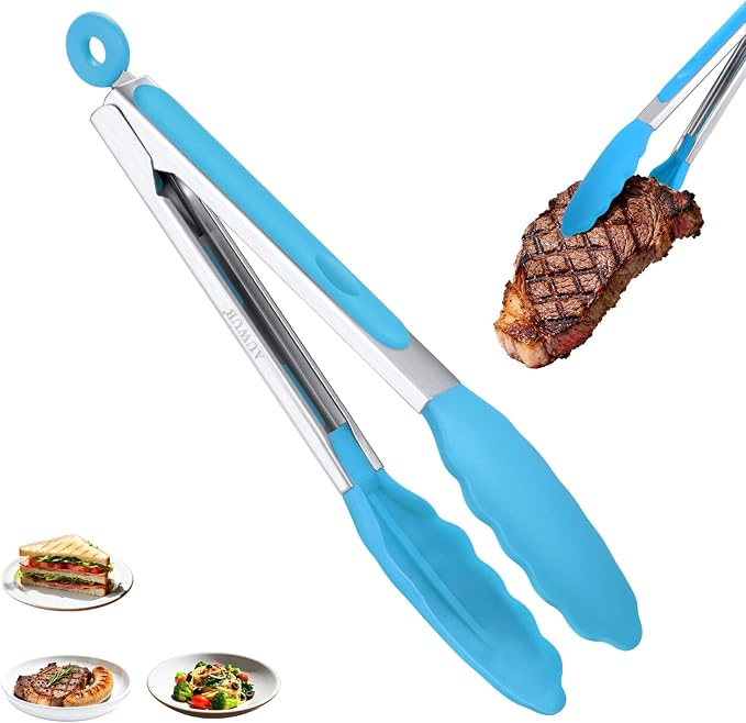 Silicone Salad Tongs, 9 Inch, Blue | 304 Stainless Steel Core, Non-Slip Grip, For Grilling Salad