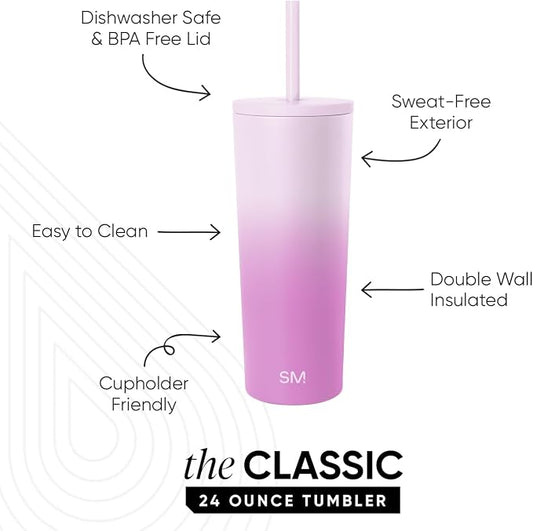 Simple Modern Classic Tumbler with Straw Lid | Insulated Iced Coffee Cup Reusable Stainless Steel Water Bottle Travel Mug | Gifts for Women Men Her Him | 24oz | Violet Dreams