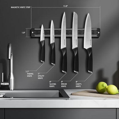 6-Piece Black Knife Set with Magnetic Strip for Wall, Ultra Sharp Magnetic Knives Set for Kitchen, Dishwasher Safe Small Knife Set for Meat Vegetable Cutting