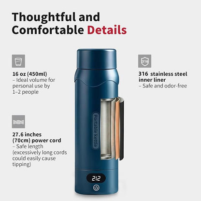 Insulated Stainless Steel Electric Kettle Small, Smart Water Bottle with 4 temperature control, Leak-Proof, Mini Travel Essentials Portable Office Gifts for Tea Lovers, Dark Blue