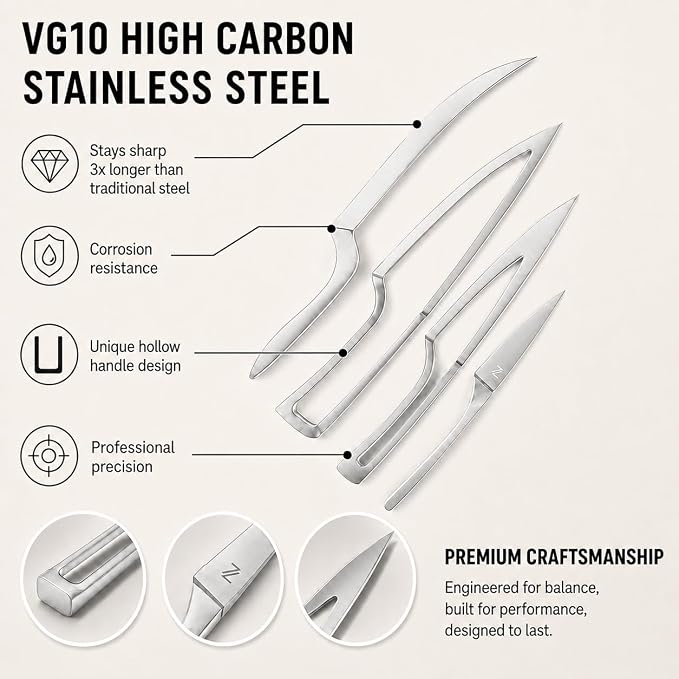 NestKnife Magnetic Kitchen Knife Set - 4 Piece VG10 High Carbon Stainless Steel Kitchen Knives with Patented Space-Saving Nesting Design & Magnetic Block - Ultra Sharp Professional Chef Knife Set