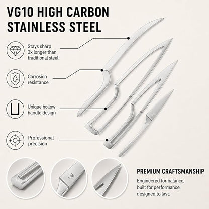 NestKnife Magnetic Kitchen Knife Set - 4 Piece VG10 High Carbon Stainless Steel Kitchen Knives with Patented Space-Saving Nesting Design & Magnetic Block - Ultra Sharp Professional Chef Knife Set