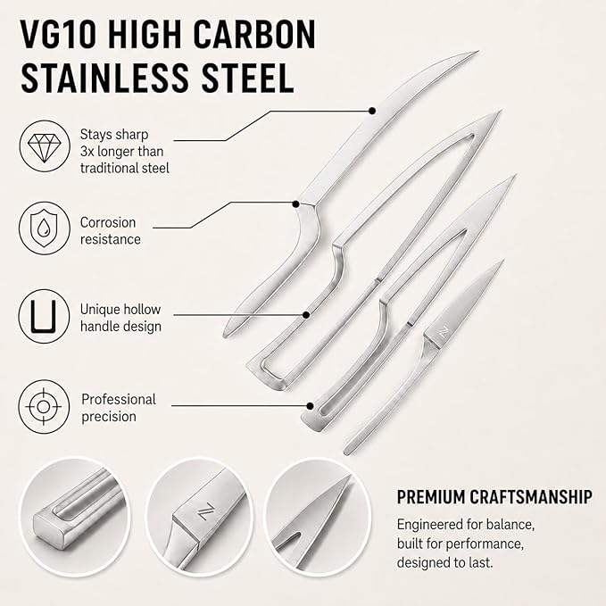 NestKnife Magnetic Kitchen Knife Set - 4 Piece VG10 High Carbon Stainless Steel Kitchen Knives with Patented Space-Saving Nesting Design & Magnetic Block - Ultra Sharp Professional Chef Knife Set