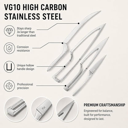 NestKnife Magnetic Kitchen Knife Set - 4 Piece VG10 High Carbon Stainless Steel Kitchen Knives with Patented Space-Saving Nesting Design & Magnetic Block - Ultra Sharp Professional Chef Knife Set
