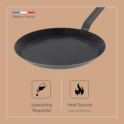 de Buyer Blue Carbon Steel Crepe & Tortilla Pan - 9.5” Diameter, 7.75” Cooking Surface - Ideal for Making & Reheating Crepes, Tortillas & Pancakes - Naturally Non-Stick Finish - Made in France