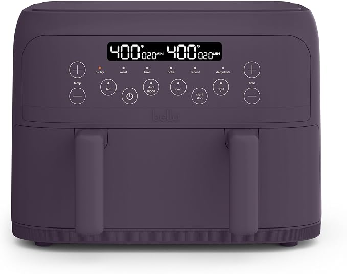bella 4 Qt TriZone Air Fryer, EverGood™ Ceramic Nonstick Coating, Dual Basket Design w Removable Divider, Digital Touchscreen Control w 6 Preset Cooking Options, 1200 Watt, 3lb Capacity, Plum