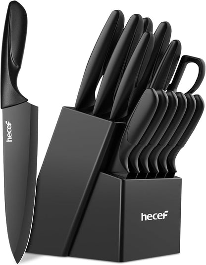 hecef 15PCS Black Knife Block Set with Built-in Sharpener – Non-Stick Coating Blades & Ergonomic Handle for Effortless Cutting & Slicing