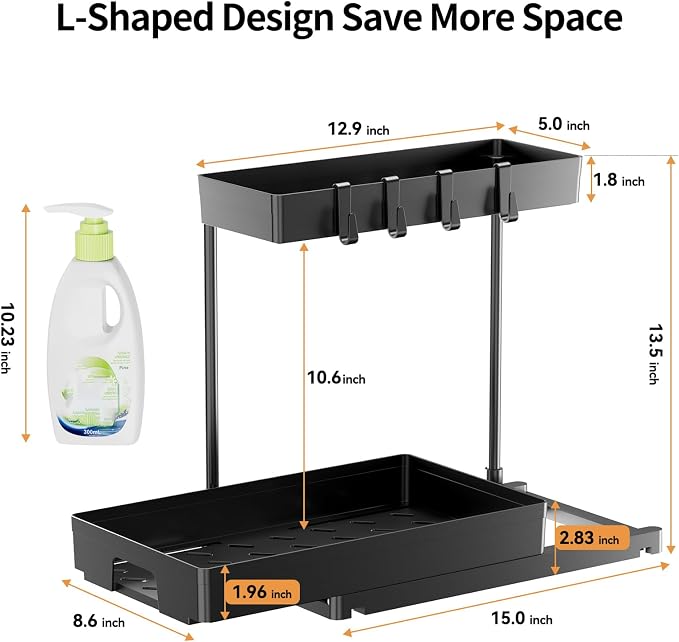 Delamu 2 Pack Under Sink Organizers and Storage, 2 Tier Pull Out Bathroom Cabinet Organizer, L-Shape Black Under Bathroom Kitchen Sink Organizer with Drawer for Under Sink Storage Organizer