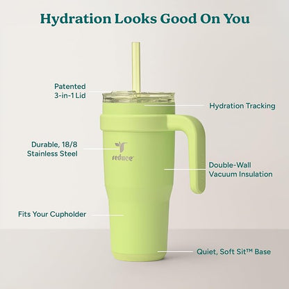 REDUCE 24 oz Stainless Steel Tumbler with Handle - Dual-Wall Vacuum Insulated Travel Mug, Sweat-Proof Lid & Reusable Straw - Keeps Drinks Cold for 24 Hrs, Fits Cupholders, Dishwasher Safe - Mojito