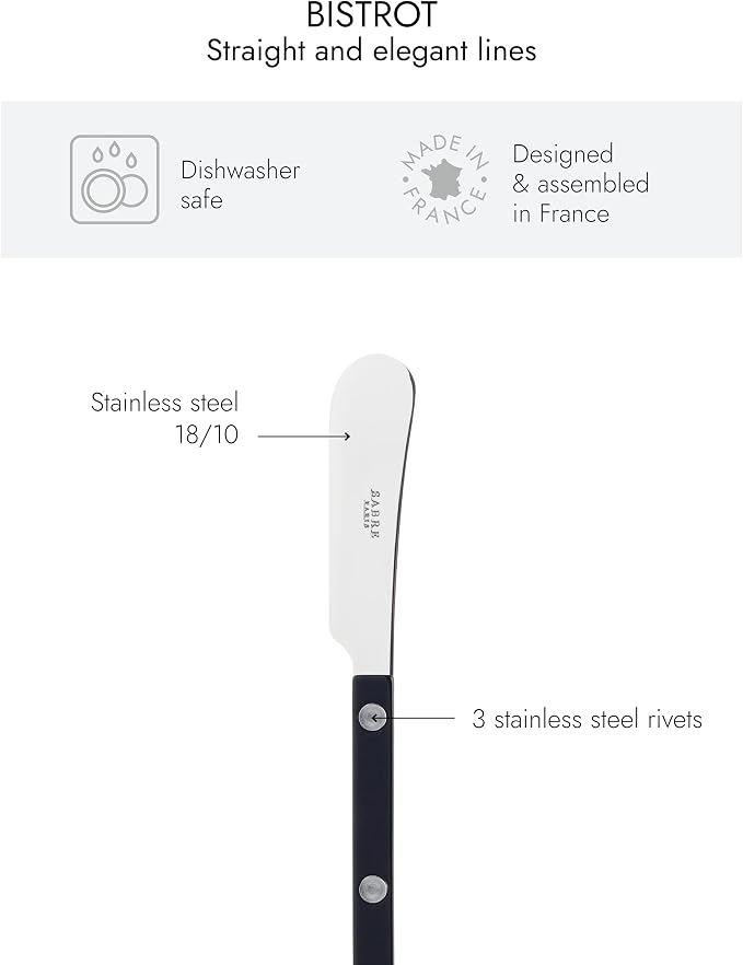 Sabre Paris - Set of 2 Spreader Knives 5.5 inches - Bistrot Collection - Perfect for Butter, Tapenades, Spreads - Stainless Steel & Nylon - Dishwasher Safe - Black - Brilliant Finish