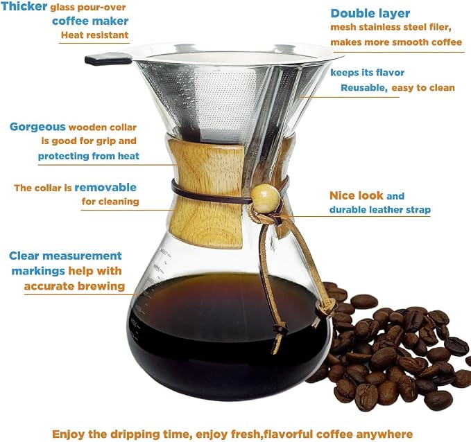 subjectthree Glass Coffee Maker 10 Cup Pour Over Coffee Dripper Set with 304 Stainless Reusable Filter for Camping,Office,Cafes,Home Use(34 Ounce)