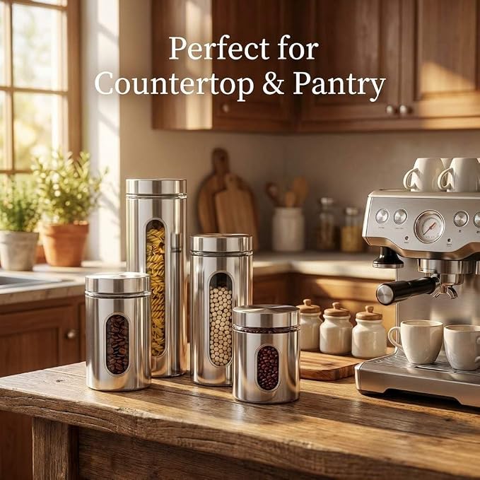 QWORK 4pc Stainless Steel Canister Set with Airtight Lids and Glass Window - Food Storage Containers for Kitchen Counter & Pantry Organization