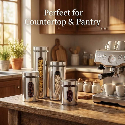 QWORK 4pc Stainless Steel Canister Set with Airtight Lids and Glass Window - Food Storage Containers for Kitchen Counter & Pantry Organization