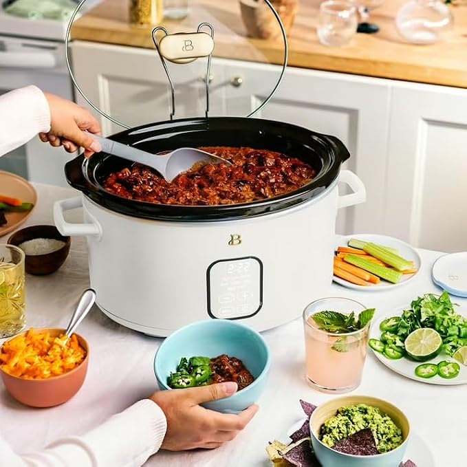 B 6 Qt Programmable Slow Cooker with Digital Timer, 5 Cooking Functions, Removable Ceramic Pot, Tempered Glass Lid, Dishwasher Safe (White Icing)