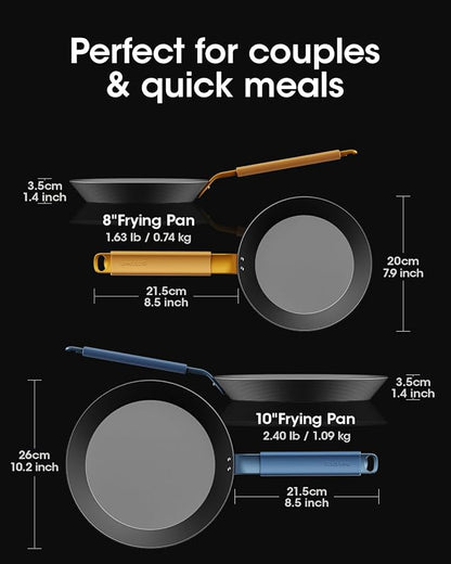 Carbon Steel Frying Pan Set 8 & 10 Inch, Nitrided Carbon Steel Skillet Duo, Preseasoned Rust Resistant Cookware, Induction & Oven Safe Kitchen Cooking Pans