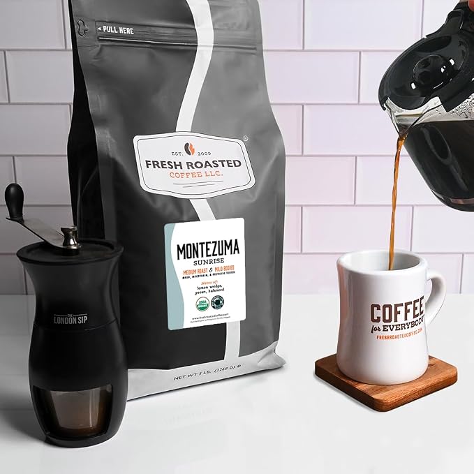 Fresh Roasted Coffee, Organic Montezuma Sunrise Whole Bean Coffee, Medium Roast, USDA Organic, 3rd Party Tested for Mold, Mycotoxin & Pesticides, Kosher, 5 lb (80 oz)