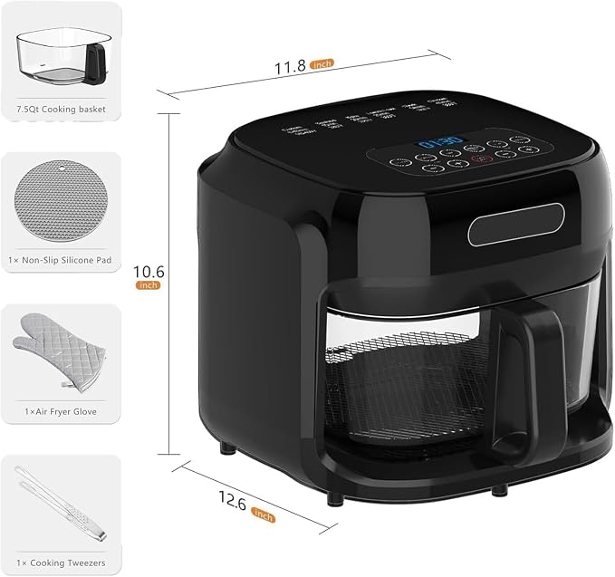 7.3QT Glass Air Fryer with See-Through Bowl, 360° Hot Air Circulation, 5 Presets, 1200W Fast Heating, Dishwasher Safe (Black)