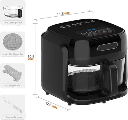 7.3QT Glass Air Fryer with See-Through Bowl, 360° Hot Air Circulation, 5 Presets, 1200W Fast Heating, Dishwasher Safe (Black)
