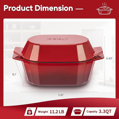 Enameled Cast Iron Sourdough Bread Oven – 3.3QT Dutch Oven for Baking with Lid, Non-Stick Oval Cast Iron Bread Oven for Sourdough-Loaf Cast Iron Bread Pan(Red)