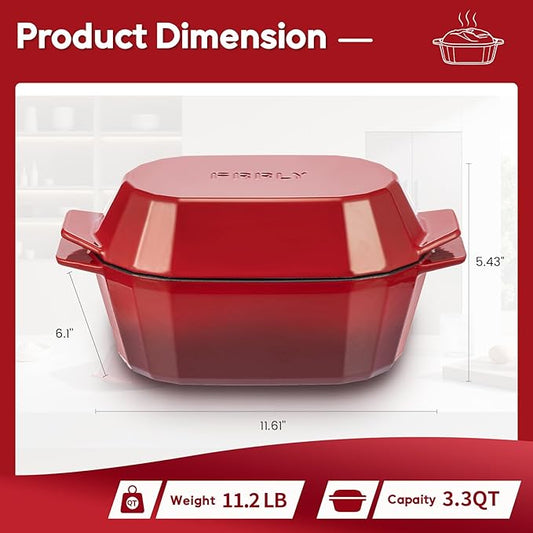 Enameled Cast Iron Sourdough Bread Oven – 3.3QT Dutch Oven for Baking with Lid, Non-Stick Oval Cast Iron Bread Oven for Sourdough-Loaf Cast Iron Bread Pan(Red)