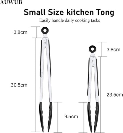 9+12 Inch Black Salad Tongs 2-Piece Set, Silicone with 304 Stainless Steel Core & Non-Slip Grip, Kitchen Utensils for Grilling Salad