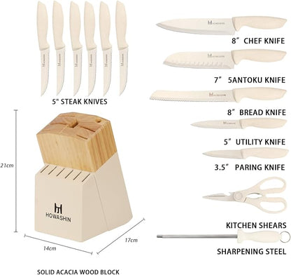 White Knife Set, 14 Pieces Kitchen Knife Set with Knife Sharpener, Knife Set with Block, High Carbon German Stainless Steel Knives Set