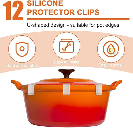 12pcs Dutch Oven Lid Protector Clips, Silicone Cookware Protector, Plastic Pan Protective Clips, Pot Bumpers Lifter Accessories for Storage Stacking & Display (Clear)