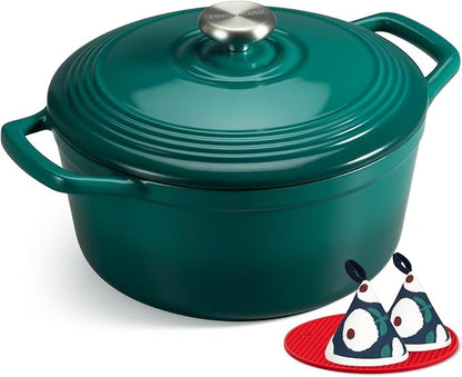 Overmont Enameled Cast Iron Dutch Oven - 5.5QT Pot with Lid Cookbook & Cotton Potholders - Heavy-Duty Cookware for Braising, Stews, Roasting, Sourdough Baking Bottle green