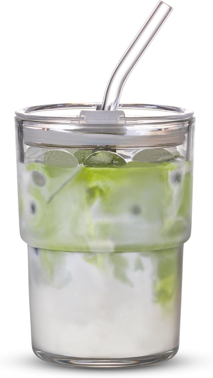BLUEPOLAR 13oz/400ml Tumbler Water Glass, Cups with Straw and Lid Sealed Carry on for Coffee, Iced Tea, Thick Wall Insulated Glass Cup(white)