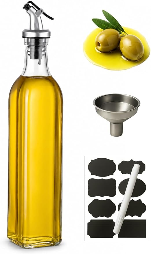 WERTIOO Olive Oil Dispenser Bottle, 17 OZ Glass Oil Dispenser for Kitchen with 1 Pourer,1 Stainless Steel Funnel & 1 Pen and 8 Label for Kitchen (500ml)