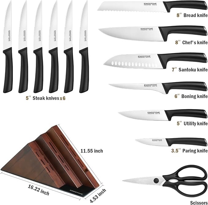 KINGSTONE 14-Piece Kitchen Knife Set with Block, High-Carbon Stainless Steel Knives Set, Ergonomic Non-Slip Handle, Professional Knife Set for Kitchen for Home Cooking & Gifting, Walnut