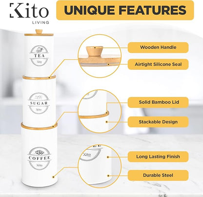 Kito LIVING Canisters Sets for Kitchen Counter Storage and Organization with Wooden Bamboo Lids, Food Pantry Containers, Stackable Steel Storage Bins, Airtight Sugar Tea Coffee Canisters - White