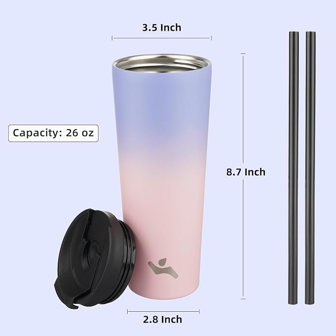 Konokyo 26 OZ Insulated Tumbler with Lid and 2 Straws Stainless Steel Water Bottle Vacuum Travel Mug Coffee Cup,Pastel Sunset
