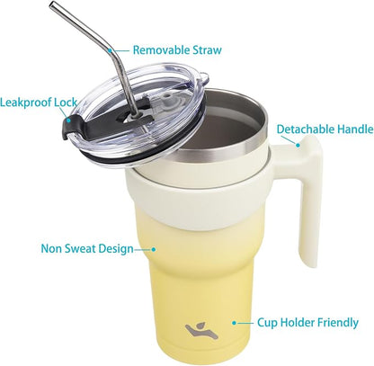 Konokyo 40 oz Tumbler with Handle and 2 Straw 2 Lid, Insulated Water Bottle Stainless Steel Vacuum Cup Reusable Travel Mug,Lemon