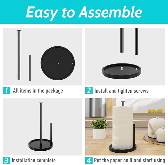 Paper Towel Holder Countertop, Standing Paper Roll Holder with Anti Slip Weighted Base, Stainless Steel Freestanding Paper Towel Holder for Kitchen, Black