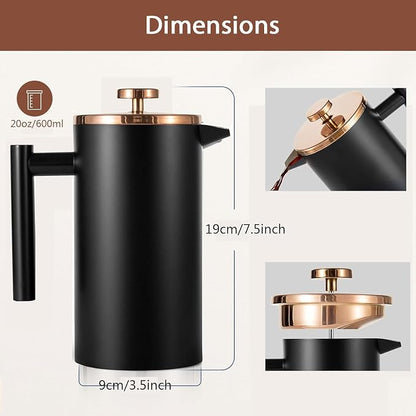 Miuly French Press Coffee Maker, 21Oz Stainless Steel Coffee Press with 3 Level Filtration System, Double Wall Insulated French Press with 4 Filters and 1 Metal Spoon, Black