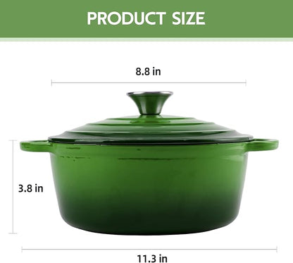 3 Quart Dutch Oven Enameled Cast Iron with Lid - Big Dual Handles - Oven Safe up to 500°F - Classic Round Pot for Versatile Cooking Green
