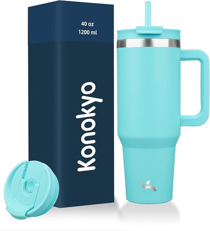Konokyo 40 oz Tumbler with Handle and 2 Straws,2 in 1 Lid Insulated Water Bottle Stainless Steel Travel Coffee Mug,Turquoise