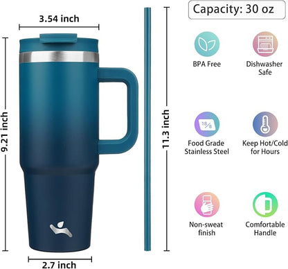 Konokyo 30 oz Tumbler with Handle and 2 Straws,2 in 1 Lid Insulated Water Bottle Stainless Steel Travel Coffee Mug,Indigo Black