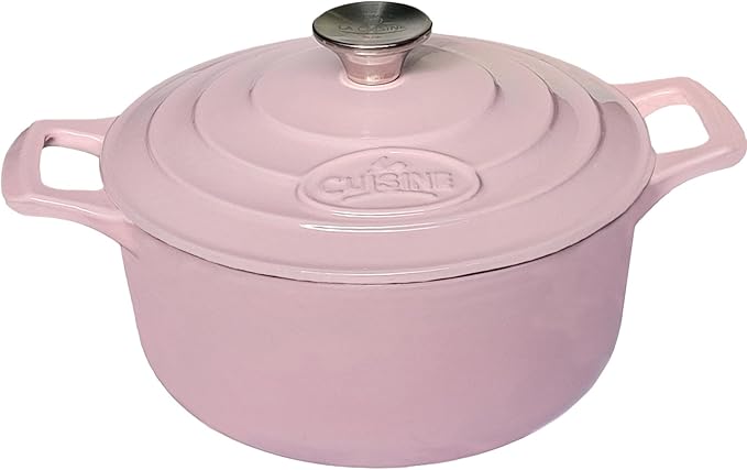 La Cuisine Enameled Cast Iron Dutch Oven Casserole Dish Pot with Lid, 3.7 QT 9.5" /24cm Dia. Cream White Enamel Coating Interior, Pink, Oven-Safe, Induction Cooktop Compatible