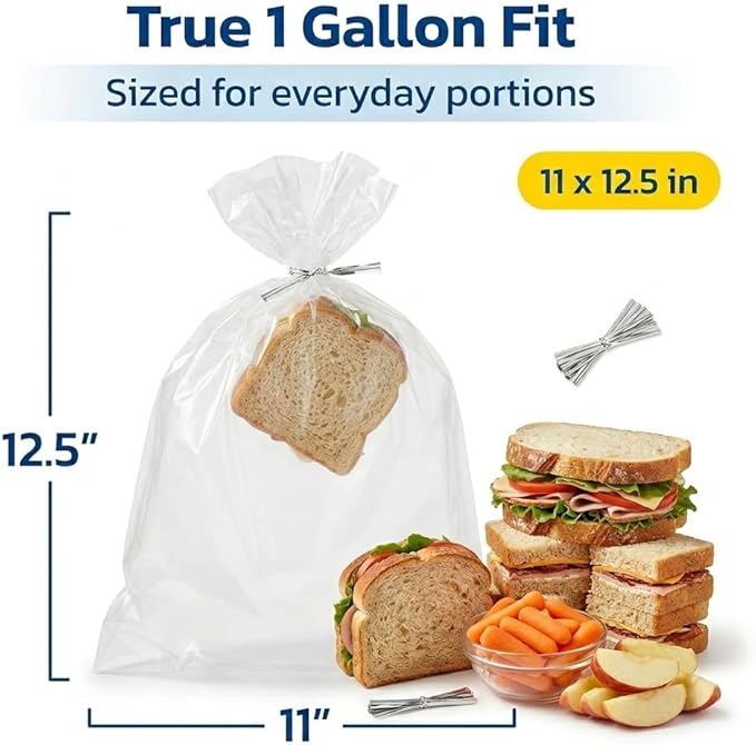 1 Gallon Storage Bags with Twist Ties, 300 Count - Clear Plastic Food Storage Bags for Sandwiches, Snacks, Fruit, Produce & Freezer