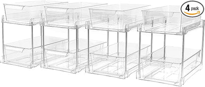 4Pack 2-Tier Bathroom Storage Organizer, Clear Under Sink Organizers Kitchen Vanity Counter Storage Container, Medicine Cabinet Drawers Bins, Pull-Out Organization with Track for Pantry