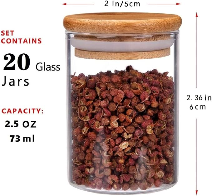 20 Pcs Glass Spice Jars with Airtight Bamboo Lids, Labels and Pen, 2.5oz Mini Clear Food Storage Containers for the Pantry, Kitchen Canisters for Tea, Herbs, Sugar, Salt, Coffee and More