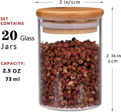 20 Pcs Glass Spice Jars with Airtight Bamboo Lids, Labels and Pen, 2.5oz Mini Clear Food Storage Containers for the Pantry, Kitchen Canisters for Tea, Herbs, Sugar, Salt, Coffee and More