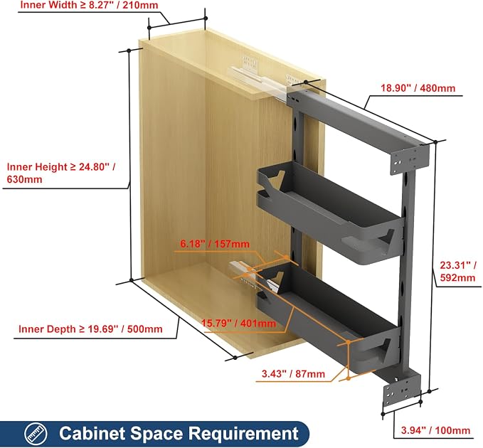 VADANIA Naro Pull Out Cabinet Organizer with Solid Metal Trays, 2-Tier Spice Rack for 10" Base Cabinets, Soft Close Full-Extension Slides, Reversible Left or Right Side Mount