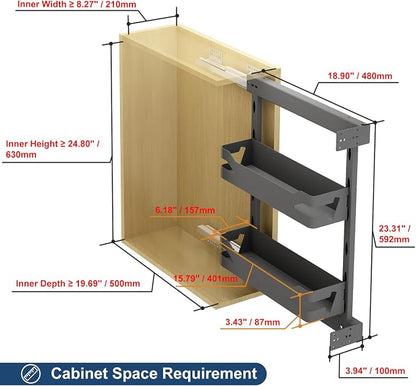 VADANIA Naro Pull Out Cabinet Organizer with Solid Metal Trays, 2-Tier Spice Rack for 10" Base Cabinets, Soft Close Full-Extension Slides, Reversible Left or Right Side Mount