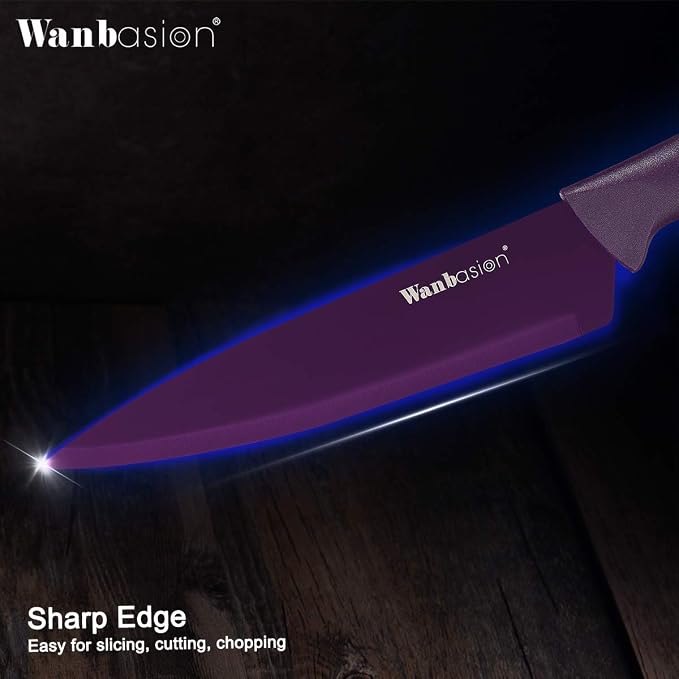 Wanbasion Purple Stainless Steel Knife Set, Sharp Kitchen Knife Set Professional, Kitchen Knife Set Dishwasher Safe with Covers for Cooking