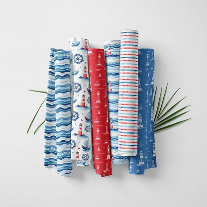Nautical Patchwork Fabric Panel 100x155 cm – 100% Cotton Satin, 6 Coordinated Marine Prints on One Continuous Sheet for Quilting, Sewing & DIY Crafts (Maritime Style, 6pcs 50x50cm)