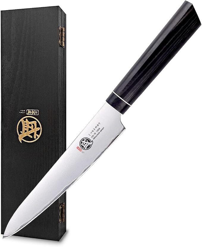 MITSUMOTO SAKARI 5.5 Inch Japanese Paring Knife, Hand Forged VG-10 Steel, Precision Fruit & Vegetable Cutter with G10 Handle (Sandalwood Box Included)
