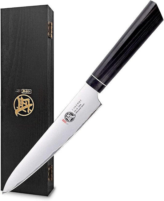 MITSUMOTO SAKARI 5.5 Inch Japanese Paring Knife, Hand Forged VG-10 Steel, Precision Fruit & Vegetable Cutter with G10 Handle (Sandalwood Box Included)